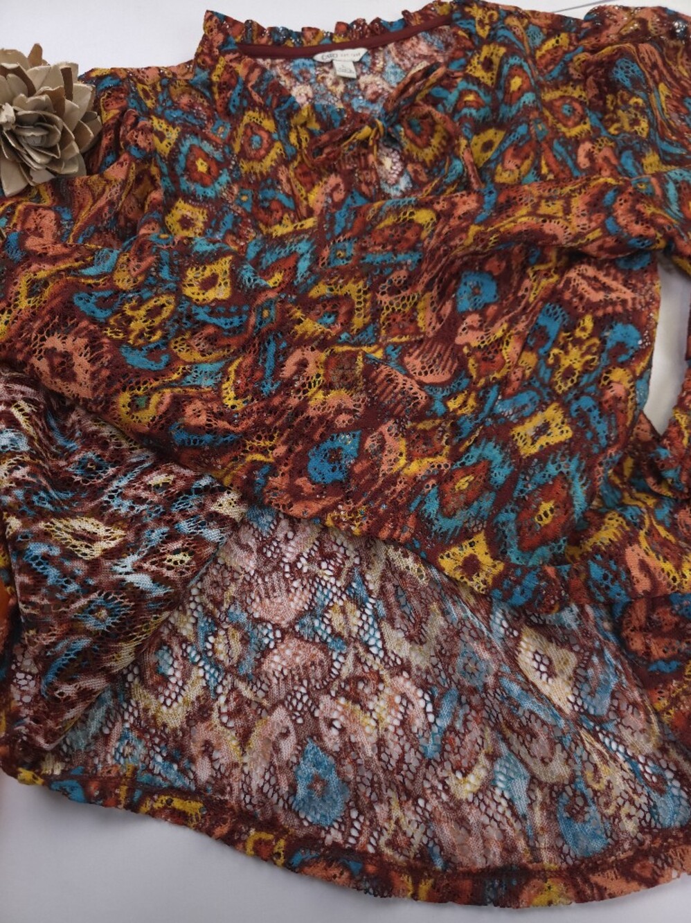 Cato Boho Printed Sheer Blouse in Rust Multicolor Sz L - Picture 9 of 11